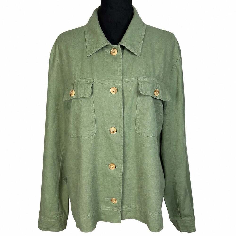 Lucky Brand Linen Blend Sage Green Jacket Boxy Fit Button Front  Size Large